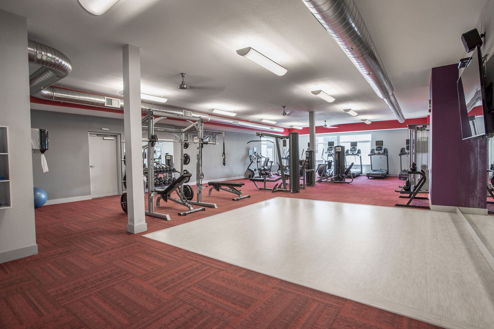 Fitness center with professional weight and cardio machines.