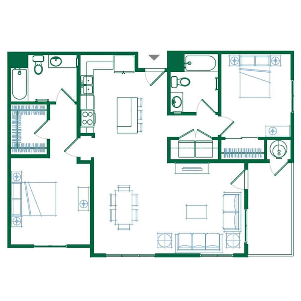 Outline of Emerald Peak floor plan, 2 bed, 2 bath.