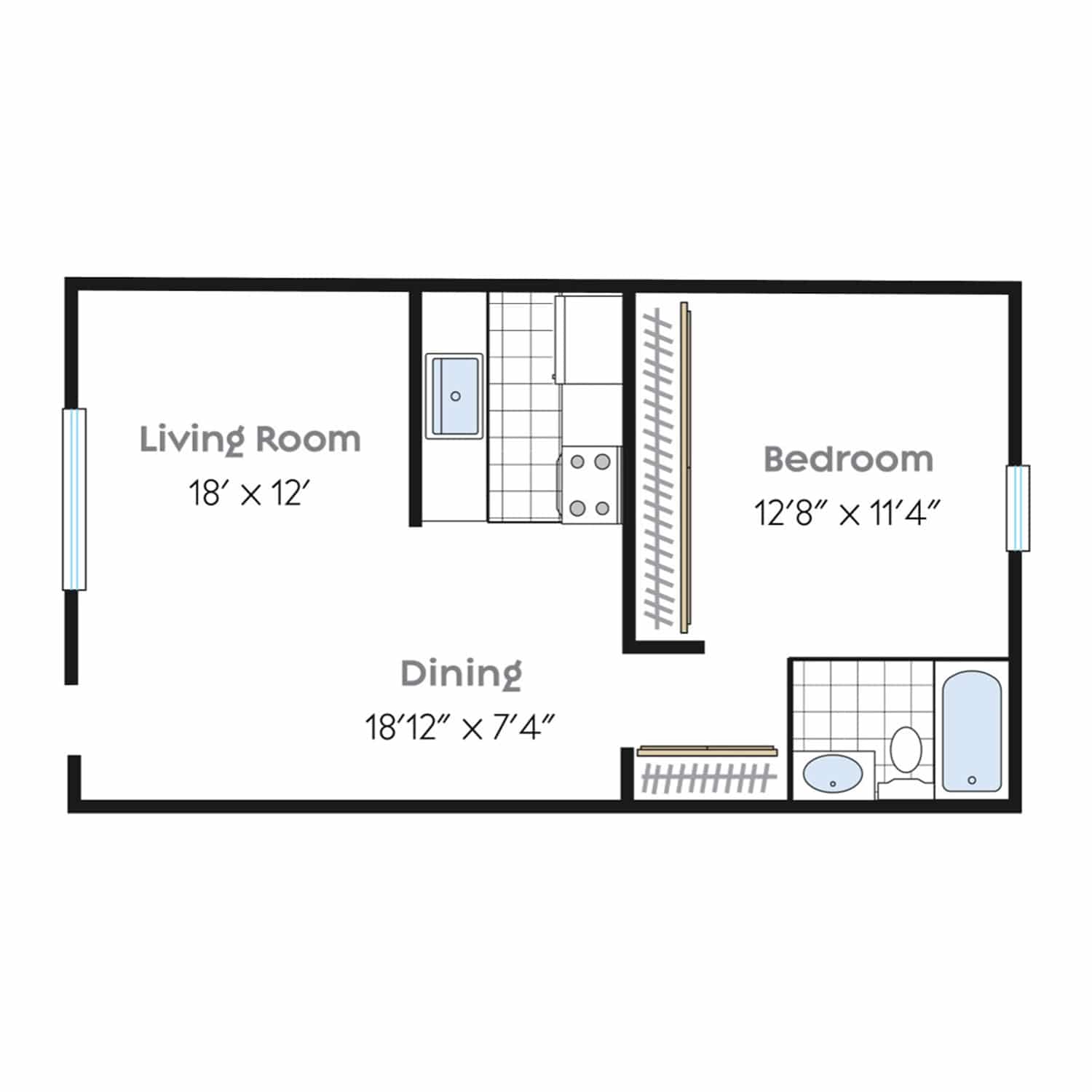 One bedroom, one bathroom floor plan.