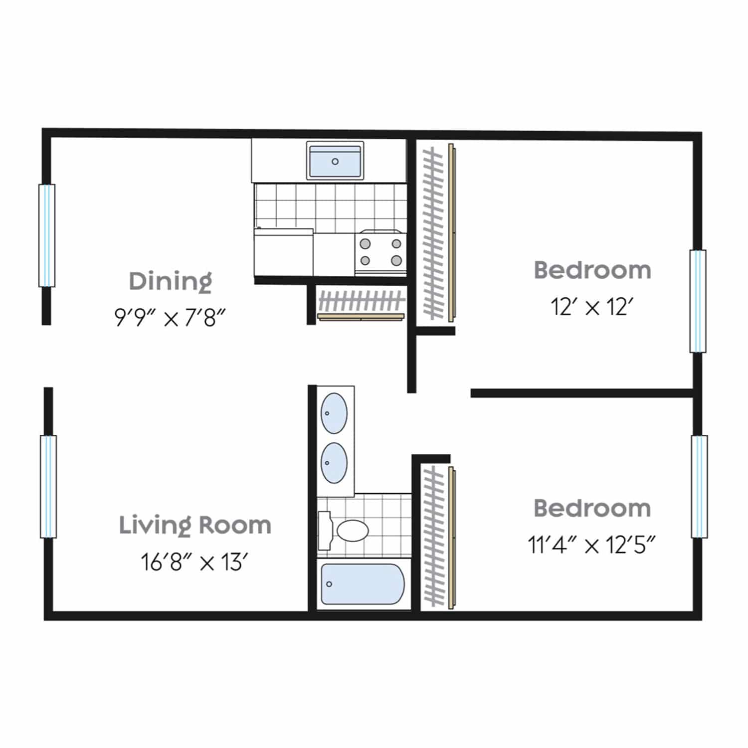 Two bedroom, one bathroom floor plan.