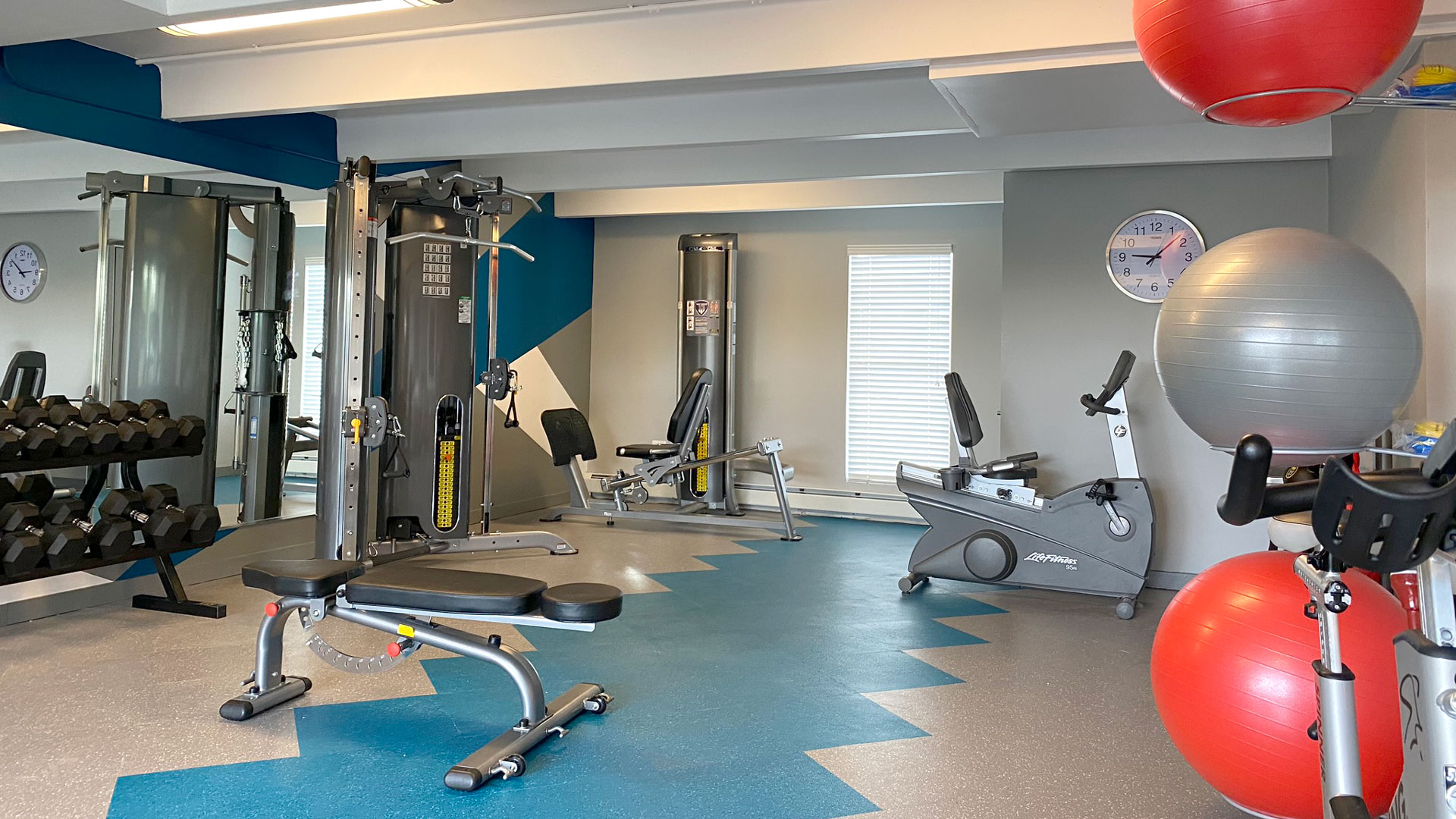 Fitness center with cardio and weight machines.