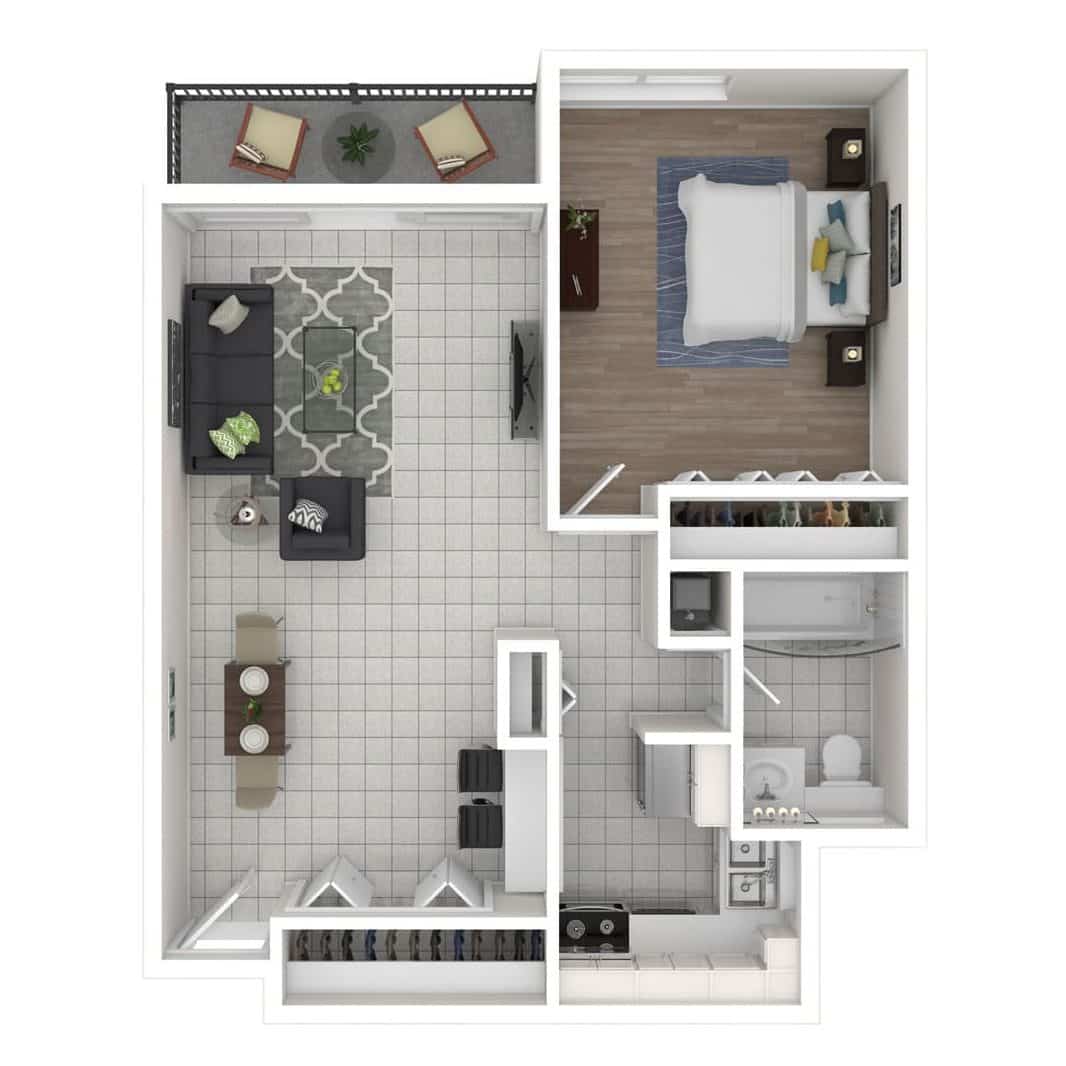one bedroom, one bath 3D floor plan.
