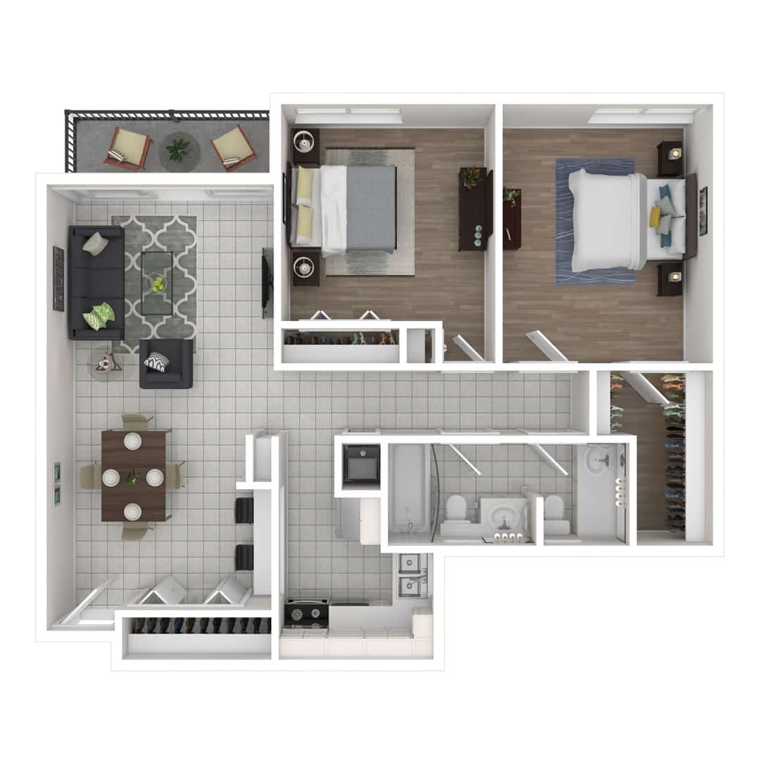 Art 88, two bedroom, one/half bathroom 3D floor plan.