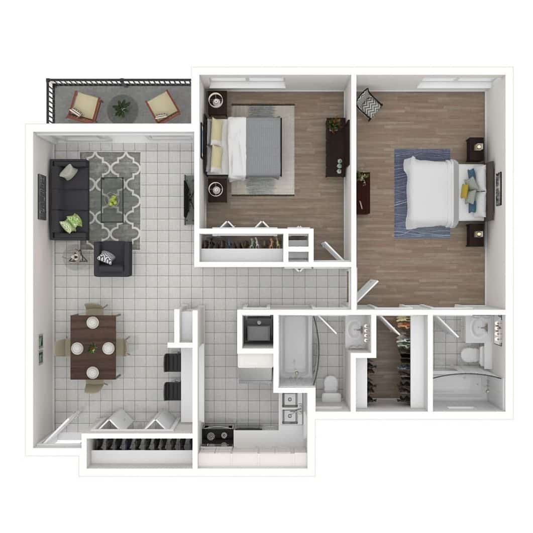 Art 88, two bedroom, two bathroom 3D floor plan.