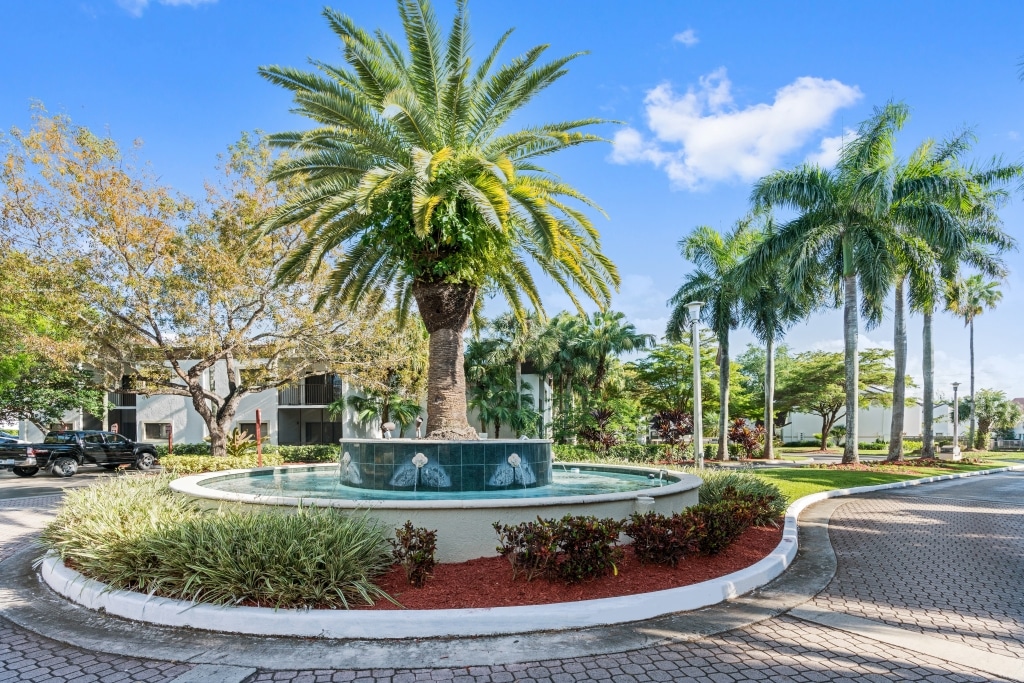 Round fountain with palm tree in the center.