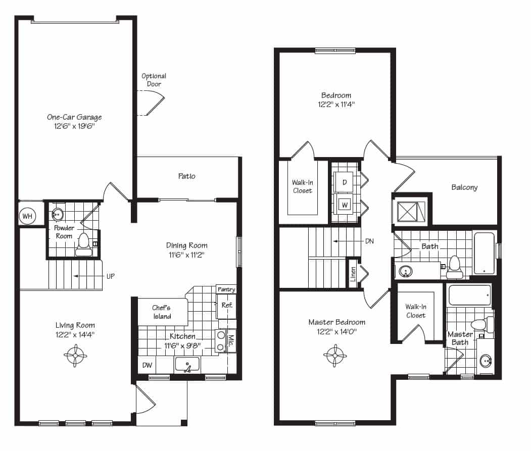 Chelo floor plan - 2 bedroom townhouse, 2.5 bath, 1255 sf