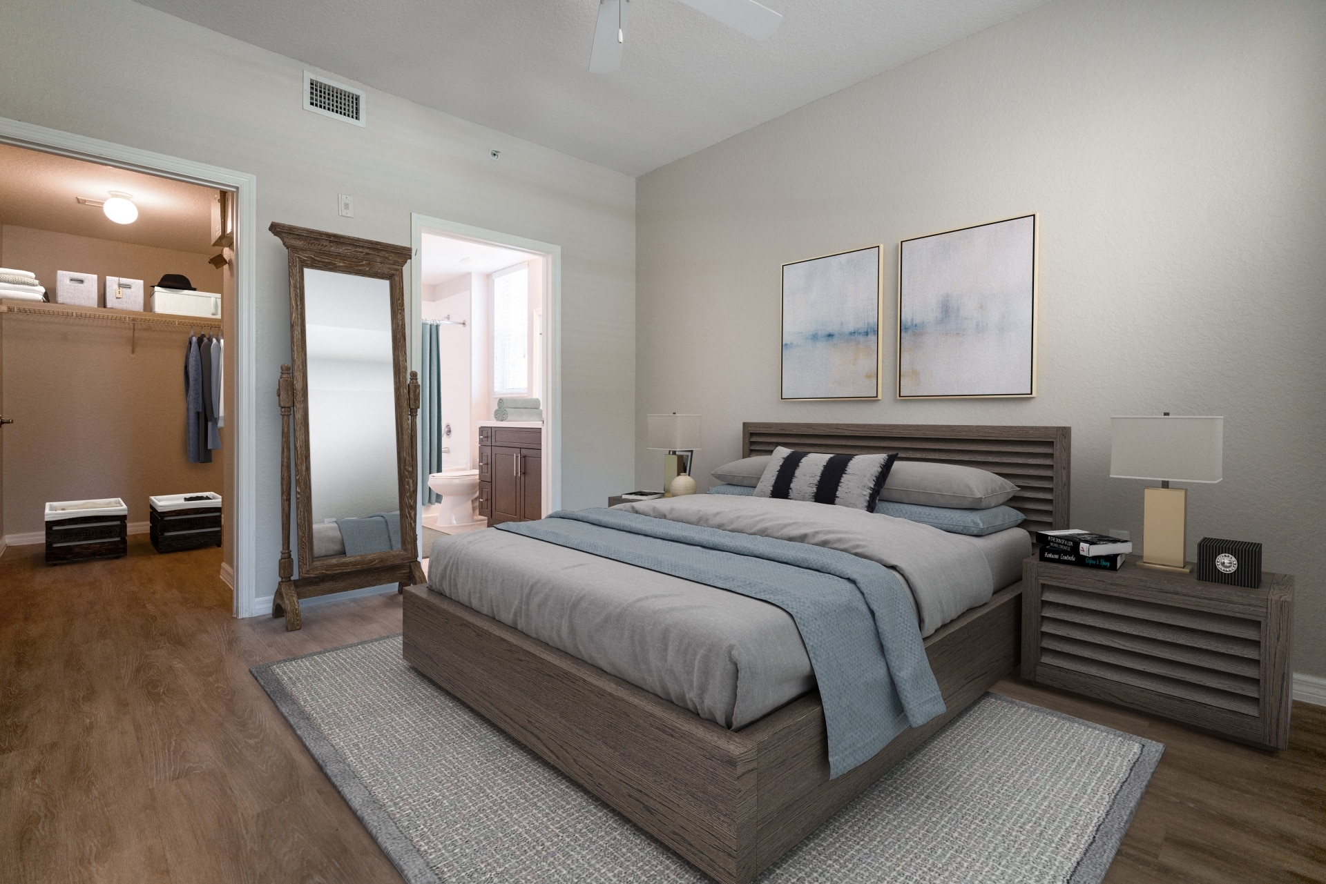 Virtual rendering of bedroom with queen sized bed and nightstand.