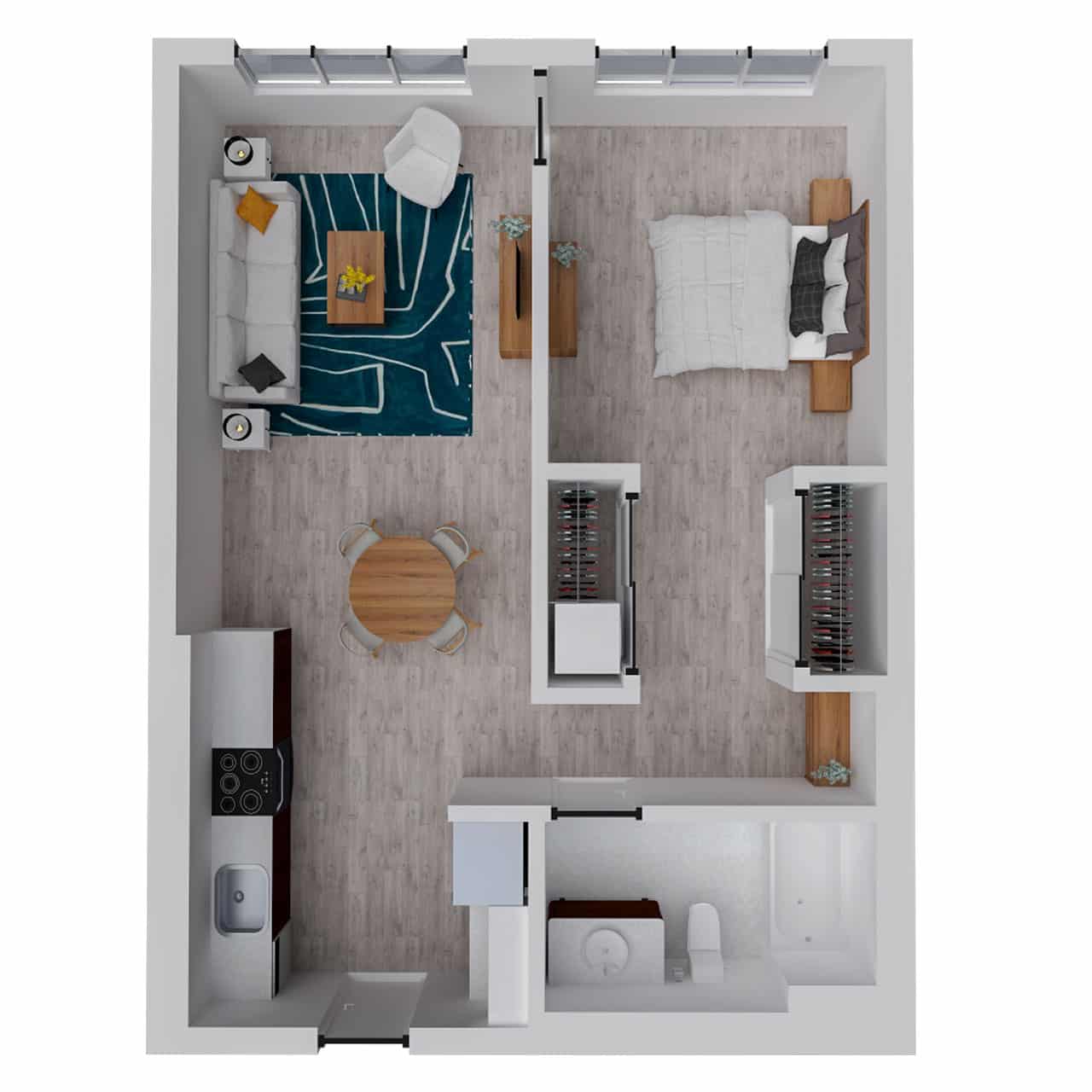 Attwell, A12 floor plan, one bedroom, one bath.