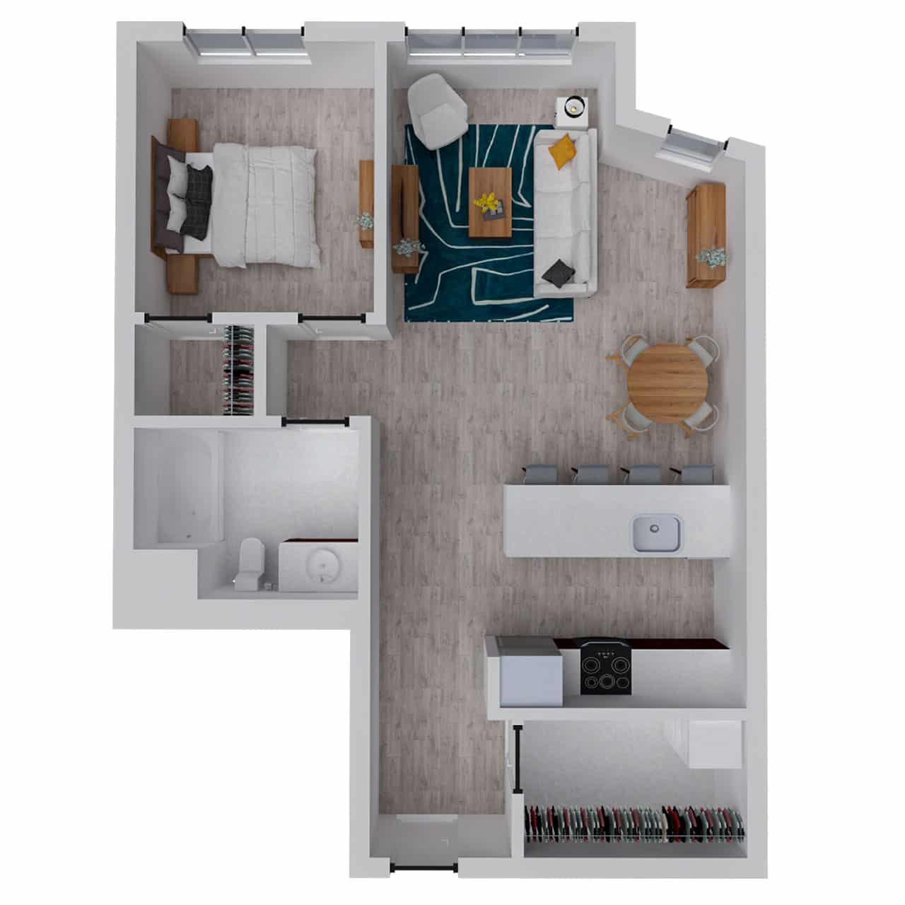 Attwell, A13 floor plan, one bedroom, one bath.