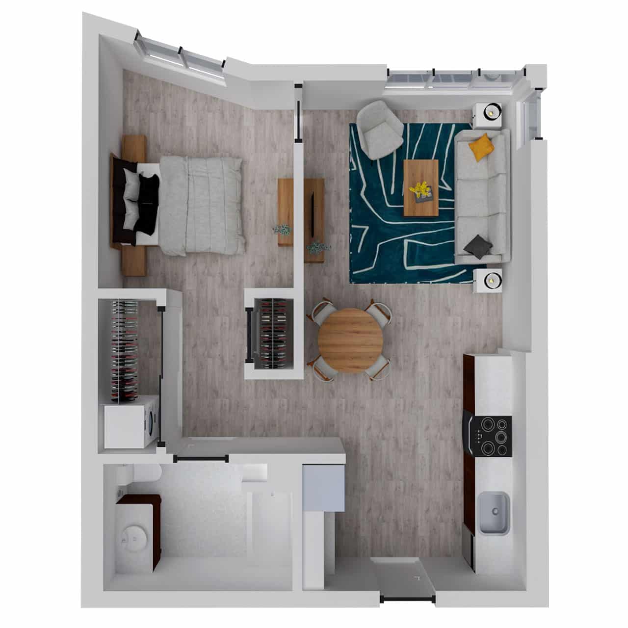 Attwell, A3 floor plan, one bedroom, one bath.