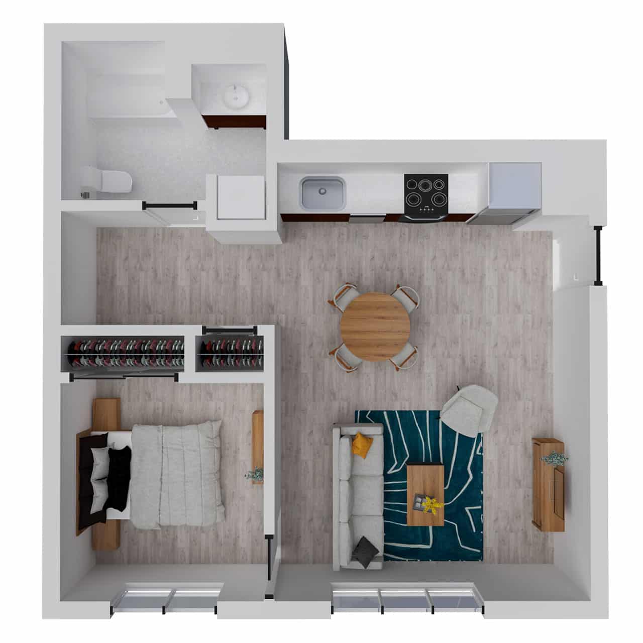 Attwell, A4 floor plan, one bedroom, one bath.