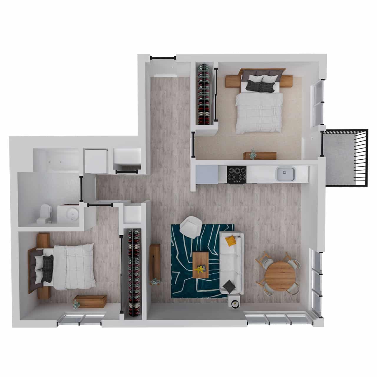Attwell, B1-2 floor plan, 2 bedroom, 1 bath.