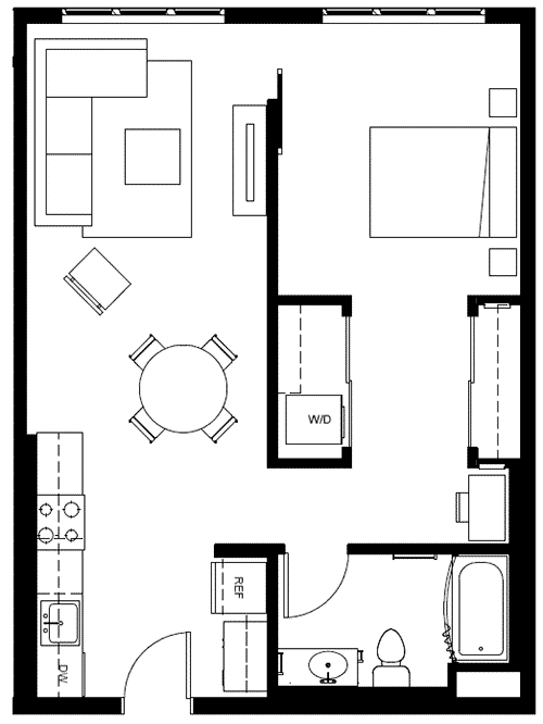 Attwell, A12 floor plan, one bedroom, one bath.