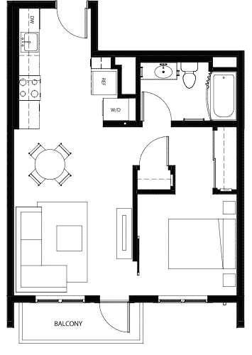 Attwell, A1 floor plan, one bedroom, one bath.