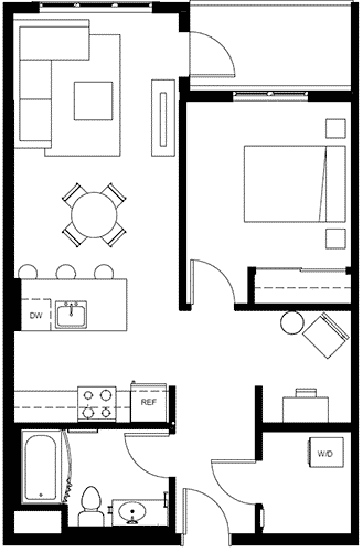 Attwell, A14 +Den floor plan, one bedroom, one bath.