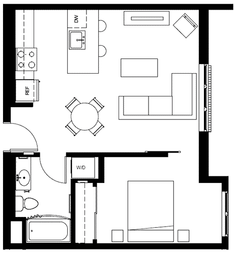 Attwell, A floor plan, one bedroom, one bath.