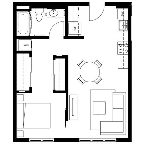Attwell, A2 floor plan, one bedroom, one bath.
