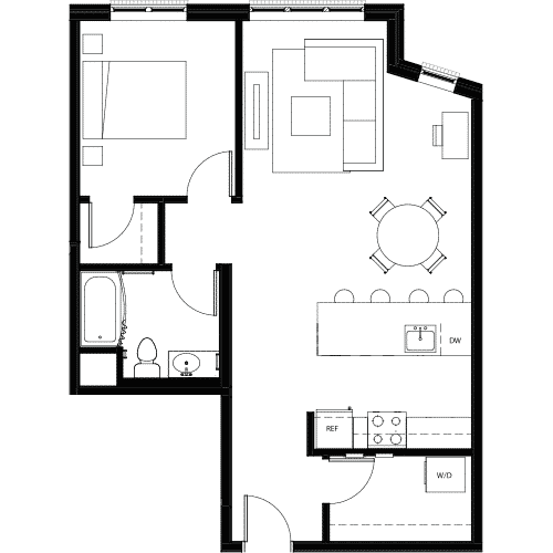 Attwell, A13 floor plan, one bedroom, one bath.