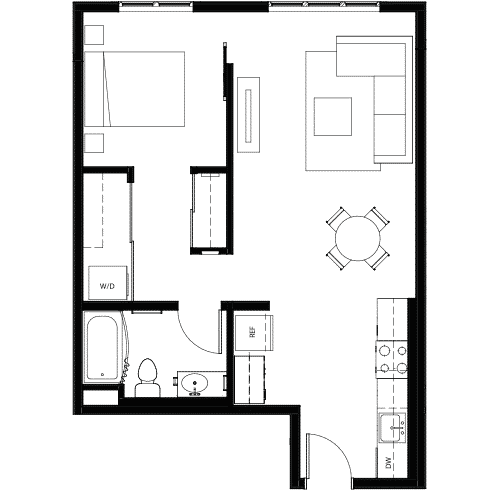 Attwell, A6 floor plan, one bedroom, one bath.