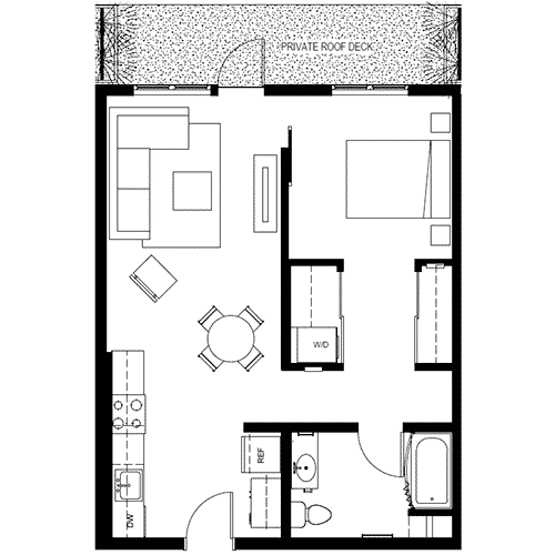 Attwell, A8 floor plan, one bedroom, one bath.