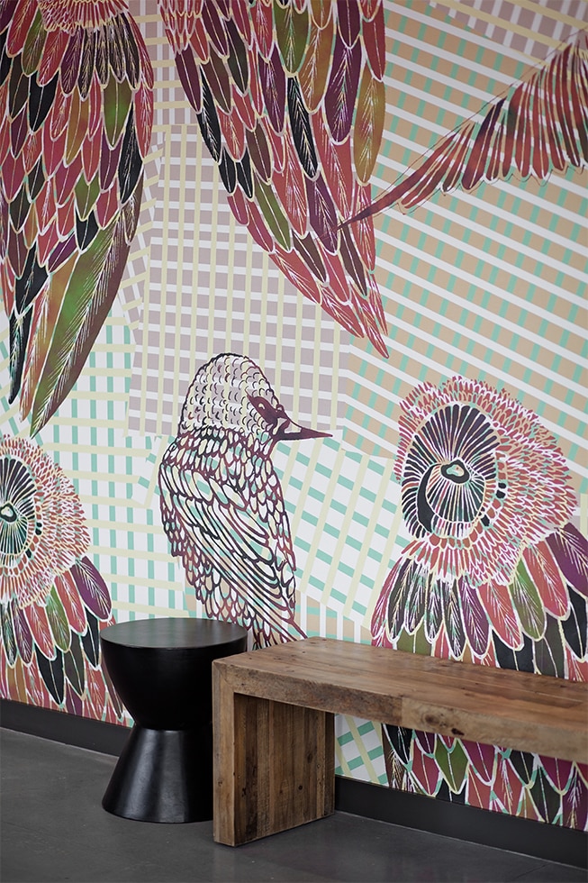 Trendy lobby designs, bird wall paper.